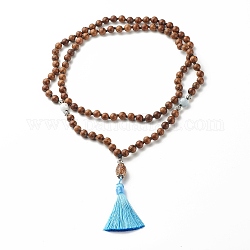 Collier de prière mala en perles de bois de wengé naturel, collier pendentif gros pompon pour méditation bouddhiste, bleu, selle marron, 40.16 pouce (102 cm)