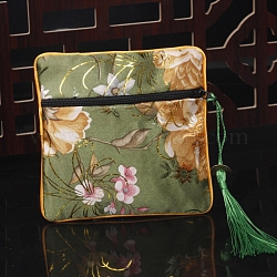 Bolsas cuadradas de borlas de tela de estilo chino, con la cremallera, Para la pulsera, collar, verde amarillo, 11.5x11.5 cm