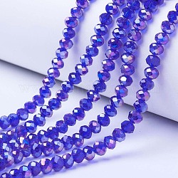 Chapelets de perles en verre électroplaqué, de couleur plaquée ab , facette, rondelle, bleu, 6x5mm, Trou: 1mm, Environ 85~88 pcs/chapelet, 16.1~16.5 pouce (41~42 cm)