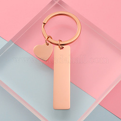 Porte-clés en 304 acier inoxydable, Avec des anneaux clés, rectangle avec le coeur, or rose, 80mm