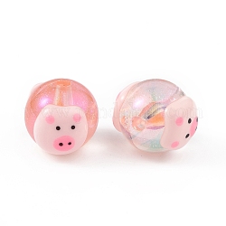 Placage uv perles d'émail acrylique irisé arc-en-ciel, rond avec motif cochon, rose, 16x18mm, Trou: 3mm