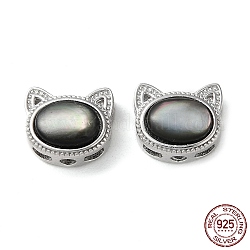 925 perles en argent massif rhodié forme chat, avec coque noire naturelle, Plaqué longue durée, avec tampon s925, platine, 8x9.5x5mm, Trou: 1.6mm