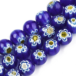 Chapelets de perles en verre de millefiori manuelles, ronde avec motif de fleurs, bleu, 10mm, Trou: 1.2mm, Environ 36~38 pcs/chapelet, 13.78 pouce ~ 14.88 pouces (35 cm ~ 37.8 cm)