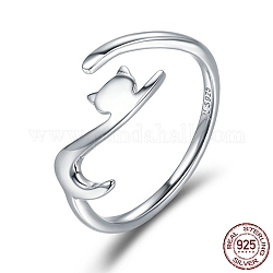 925 anello per dito con polsino in argento sterling placcato rodio, regolabile, gatto, con 925 francobollo, Vero platino placcato, 2mm