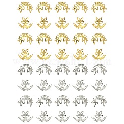 600 Uds. tapas de abalorios elegantes de hierro chapadas en 2 colores, flor, 3-pétalo, filigrana, platino y oro, 8.5~12x10~14x4~6mm, agujero: 1.2 mm, 300 piezas / color