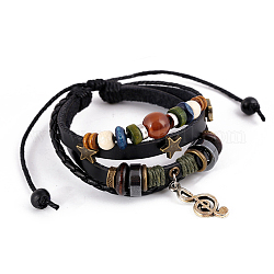 Bracelet multi-rangs tressé en cuir avec breloques notes de musique en alliage, bracelet en perles de pierres précieuses mélangées naturelles pour hommes femmes, noir, 6-3/4 pouce (17 cm)