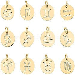 UNICRAFTALE 12pcs Stainless Steel 12 Constellations Charm Zodiac Sign Pendants Charms Golden 3mm Hole Flat Round with Constellation Pendant for DIY Jewelry Craft Making 12mm