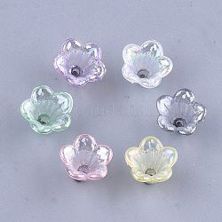 Tapas de abalorios de acrílico transparentes, color de ab, 5-pétalo, flor, color mezclado, 10x14x13.5mm, agujero: 1.6 mm