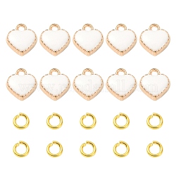 10pcs breloques d'émail d'alliage de coeur, or clair, avec 10 anneaux en laiton, blanc, 8x7.50x2.50mm, Trou: 1.50mm