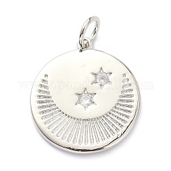 Brass Micro Pave Clear Cubic Zirconia Pendants, with Jump Ring, Long-Lasting Plated, Flat Round with Moon & Star, Real Platinum Plated, 22x20x2mm, Jump Ring: 6x1mm, 4mm Inner Diameter