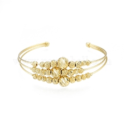 Bracelet manchette ouvert perlé rond en laiton, bracelet triple ligne pour femme, or, diamètre intérieur: 2-3/8 pouce (6 cm)