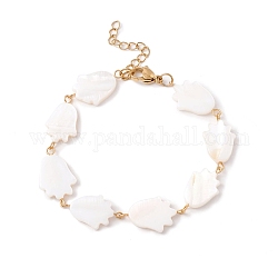Natural Shell Tulip Link Chain Bracelet, 304 Stainless Steel Jewelry for Women, Golden, White, 7 inch(17.7cm)