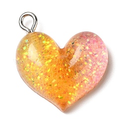 Gradient Color Transparent Resin Pendants, Glitter Heart Charms, with Platinum Plated Iron Loops, Gold, 21x19.5x6mm, Hole: 3x2mm