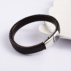 Модный кожаные браслеты плетеного шнура, с 304 из нержавеющей стали магнитные застежки, кокосового коричневый, 220x12x6 мм