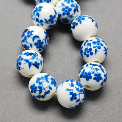 Abalorios de la porcelana hecha a mano impresos, redondo, azul real, 12mm, agujero: 2 mm