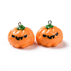 Colgantes de resina opaca de halloween, amuletos de calabaza jack-o'-lantern, con aros de hierro en tono platino, naranja oscuro, 21.5x27x27mm, agujero: 2 mm
