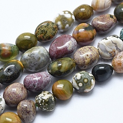Chapelets de perles en jaspe d'océan naturelle, ronde, pépites, pierre roulée, 8~10mm, Trou: 0.8mm, Environ 30~50 pcs/chapelet, 15.7 pouce (40 cm)