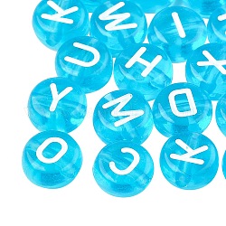 Perles en acrylique transparente, plat rond avec lettres mélangées blanches, bleu profond du ciel, 7x4mm, Trou: 1.5mm, environ 1480 pcs/200 g