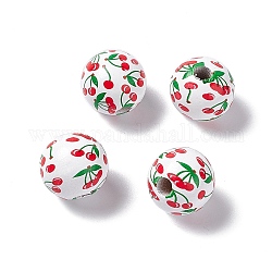 Perles européennes en bois imprimé de fruits, perle avec trou grande, ronde, rouge, motif de cerise, 16x14.5mm, Trou: 4.2mm