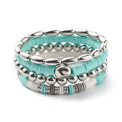Ensemble de bracelets extensibles en forme de perles de riz, perles heishi en pâte polymère bracelets de surf pour femme, turquoise foncé, diamètre intérieur: 2-1/8~2-1/4 pouce (5.5~5.6 cm), 4 pièces / kit