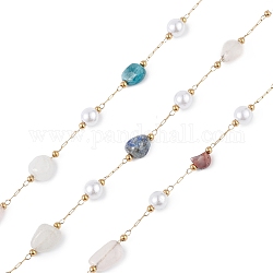 Natural Mixed Gmestone Nugget & Glass Imitation Pearl Beaded Chain, with Golden 304 Stainless Steel Satellite Chains, Unwelded, with Spool, 5~12x4~8x4~7mm, 6x5mm, 2.5x2mm, about 32.81 Feet(10m)/Roll