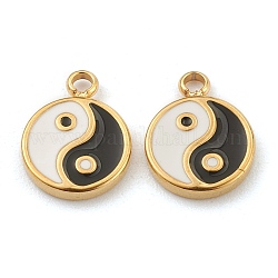Mode 304 Edelstahl Emaille Charms, Flach runde mit tai ji, golden, 13x10x2 mm, Bohrung: 1.8 mm