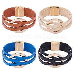 ANATTASOUL 4Pcs 4 Colors PU Leather Multi-strand Bracelets Set with Magnetic Clasps, Light Gold Alloy Ring Link Bracelets, Mixed Color, 7-5/8 inch(19.5cm), 1Pc/color