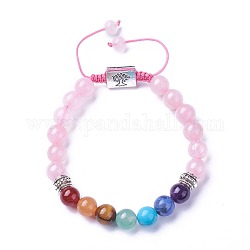 Gioielli chakra, bracciali di perline intrecciate in pietra mista naturale e sintetica, con quarzo rosa naturale, Risultati in lega e cordone in nylon, rettangolo con l'albero, 52~76mm