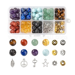 192 pièces 8 styles 10mm perles de pierres précieuses chakra yoga kits de pierres de guérison, avec l'étoile en alliage, signe de paix, breloques clés, Séparateurs perles, pour la fabrication de bracelets de pierres précieuses de bricolage, couleur mixte