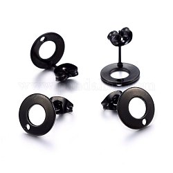 Accessoires de puces d'oreilles en 304 acier inoxydable, avec boucle, plat rond, électrophorèse noir, 10x1mm, Trou: 1.5mm, pin: 0.8 mm