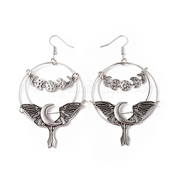 Pendientes colgantes de aleación de murciélago con fase lunar, joyas de halloween de hierro para mujer, plata antigua, 90mm, pin: 0.6 mm