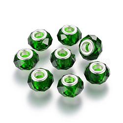 Abalorios europeos cristal hechos a mano, Abalorios de grande agujero, núcleo de latón en color plata, verde oscuro, 14x8mm, agujero: 5 mm