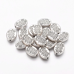 Tibetan Style Alloy Beads, Oval with Leaf, Cadmium Free & Nickel Free & Lead Free, Antique Silver, 14x10x3mm, Hole: 1.5mm.