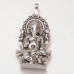 Gros pendentifs en alliage de style tibétain, Éléphant hindou dieu lord ganesh statue, sans cadmium et sans plomb, argent antique, 61x32x7mm, Trou: 3.5mm, environ 65 pcs/1000 g