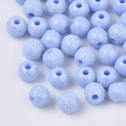 Perles acryliques opaques, avec de la poudre de paillettes, ronde, lumière bleu ciel, 8.5x7mm, Trou: 2mm