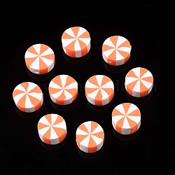 Handmade Polymer Clay Beads, Flat Round, Coral, 9~10x4mm, Hole: 1.6mm