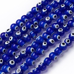 Main ronde perles au chalumeau mauvais œil brins, bleu, 8mm, Trou: 1mm, Environ 48 pcs/chapelet, 13.7 pouce