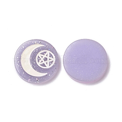 Cabochons en résine, avec de la poudre de paillettes, rond plat avec motif lune et pentagramme, lilas, 29x5.5mm