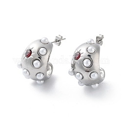 304 Stainless Steel Stud Earrings, Half Hoop Earrings with Plastic Pearl with Cubic Zirconia, Stainless Steel Color, 23.5x15mm