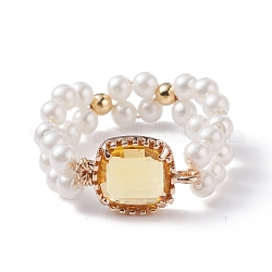 Bling quadratischer Glasfingerring, Geflochtener Ring aus Vintage-Muschelperlen für Mädchenfrauen, golden, Gelb, uns Größe 9 (18.9mm)