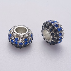 Glass Rhinestone European Beads, Large Hole Beads, Alloy, No Metal Core, Lead Free and Cadmium Free, Rondelle, Platinum, White And Blue And Light Purple, about 14.5mm in diameter, 9mm thick, hole: 6mm