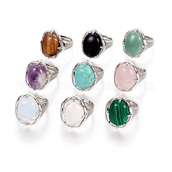 Adjustable Natural & Synthetic Mixed Stone Rings, with Brass Findings, Oval, Size 7~8, 17.5~18.5mm