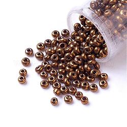 Perline di semi di vetro rotonde di grado 15/0, perline di colori metallici, rame placcato, 1.8~2x1~1.3mm, Foro: 0.5 mm, circa 8500pcs/50g