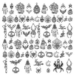 80 pz pendenti in lega di stile tibetano di halloween, ragno e pipistrello e ragnatela e teschio, argento antico, 9~39mmx10~33mm