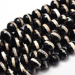 Brins de perles dzi motif rayé de style tibétain, perles rondes en agate naturelle à facettes, noir, 10mm, Trou: 1mm, Environ 37 pcs/chapelet, 14.5 pouce