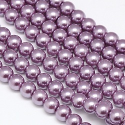 Hebras de cuentas redondas de perlas de vidrio teñidas ecológicas, cordón de algodón rosca, púrpura medio, 8mm, agujero: 0.7~1.1 mm, aproximamente 52 pcs / cadena, 15 pulgada
