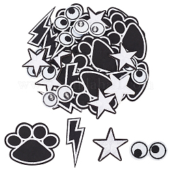 PandaHall 40pcs Embroidered Iron On Patch, 4 Styles Lightning/Star/Cat Claw/Eye Shape Flash Appliques DIY Sew-on Patches for Clothing Jackets Bags Backpacks Caps Jeans Dress Hat, White & Black