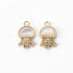 Brass Micro Pave Clear Cubic Zirconia Charms, with Shell, Jellyfish, Nickel Free, Real 18K Gold Plated, 13x8x2.5mm, Hole: 1.6mm