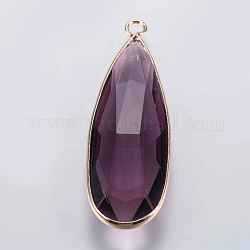 Glass Pendants, with Brass Finding, Faceted, teardrop, Golden, Purple, 43x14x5.5mm, Hole: 2mm