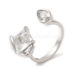 Anello con polsino aperto con rombo in vetro e goccia, anello in ottone per le donne, Vero platino placcato, diametro interno: 18mm